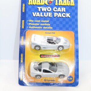 Road & Track 2 car pack 1997 Corvette and Ferrari F50 card shows age/shelf wear